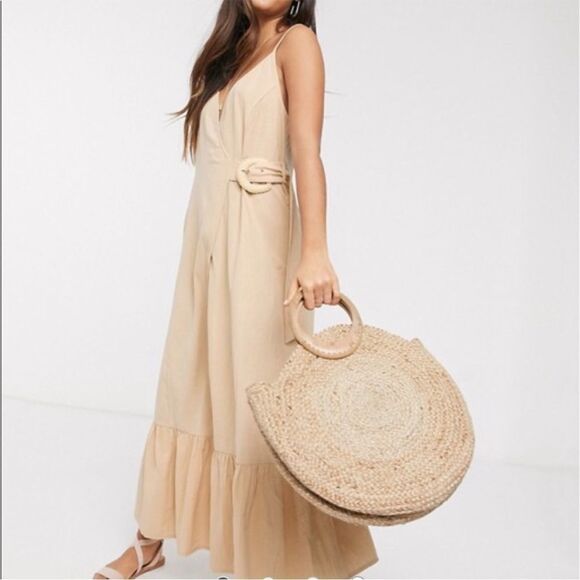 NWT ASOS DESIGN cami wrap maxi dress in linen with wicker belt in stone - Picture 1 of 5